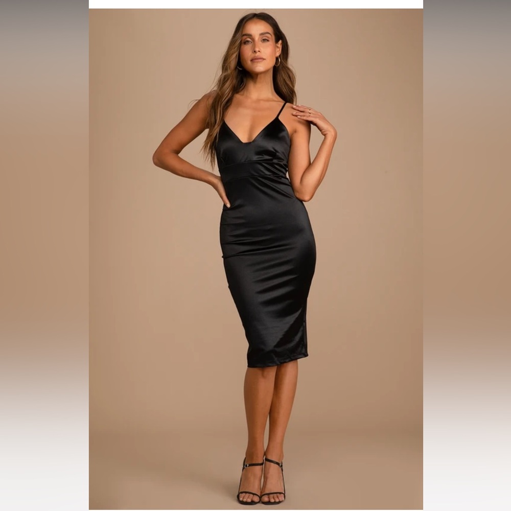 Lulus Best of Everything Black Satin Bodycon Midi Dress